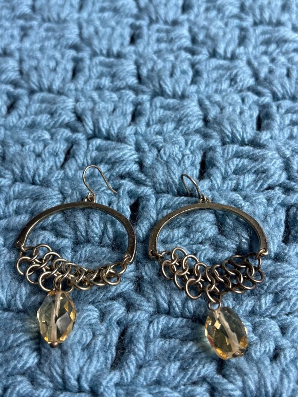 Vintage Goldtone Dangle Earrings Chain Mesh Yellow Glass Beads 2 inches